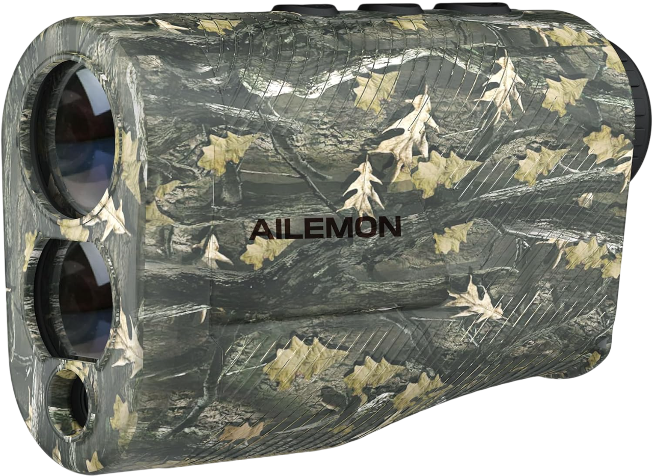 AILEMON 900-yard camo hunting rangefinder with 6X magnification and red display, ideal for measuring distance, angle, and scanning for bow or rifle shots